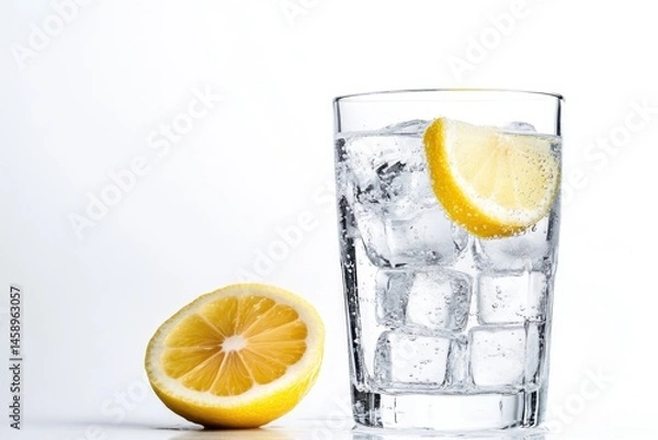 Fototapeta Refreshing hydration with a clear glass of water and ice cubes indoor setting beverage photography bright environment close-up view