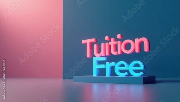 Fototapeta 3D render. Text "Tuition Free". Educational concept. Background use. Academic theme. Modern design. Blue pink colors. Motivational message. Students audience. Learning empowerment. Student savings. S