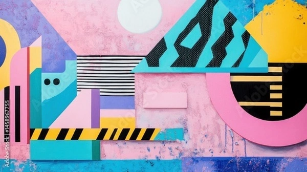Fototapeta A Memphis-inspired abstract artwork with pastel pink, electric blue, and funky geometric patterns --ar 16:9 --v 6.1 Job ID: 51fe232f-4673-4b21-b51e-b9ccb971073b