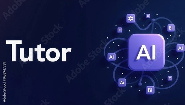 Fototapeta AI Tutor. Text presence. Digital icons. Neon blue. Futuristic style. Learning concept. Tech education. Online tools. Interactive platform. Artificial intelligence. Student support. Modern design. Eng