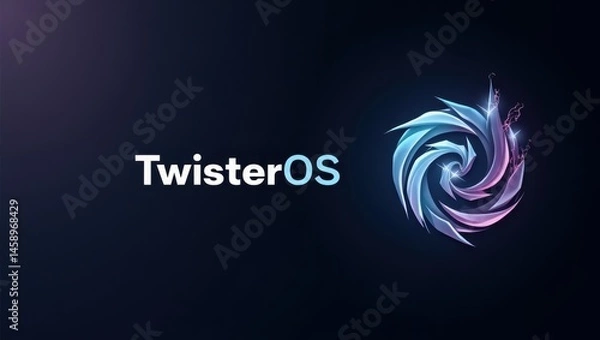 Fototapeta TwisterOS logo. Colorful swirl. Dark background. Tech branding. Operating system. Digital design. Software icon. Modern style. Blue purple gradient. Futuristic look. Minimalist theme. Technology sect