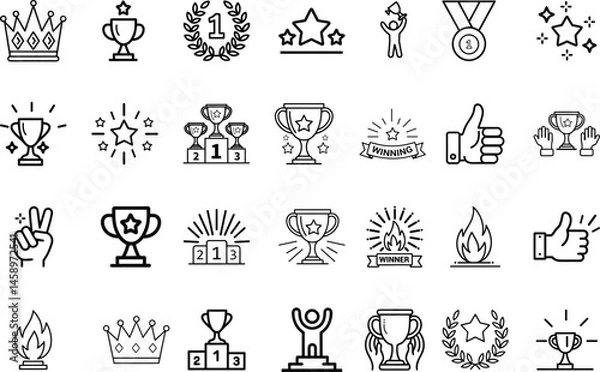 Obraz Achievement Icons and Symbols Collection with Trophies Medals Crowns Laurels Stars and Awards in Minimalist Line Art Monochrome Vector Style