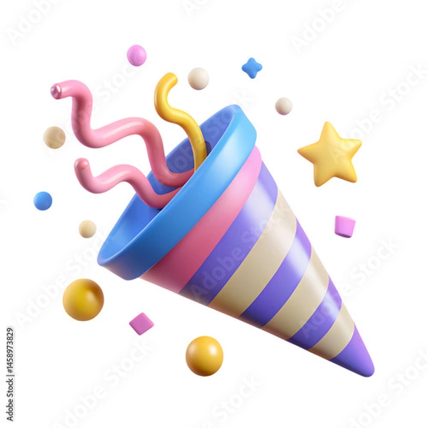 Obraz Available PNG Transparent
3D icon party popper. Colorful explosion cartoon emoji birthday confetti