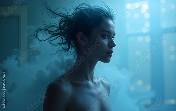 Fototapeta Brunette Woman Model in Fashion and Beauty Amid Fog, Mist, and Horror Ambience Mysterious Glamour