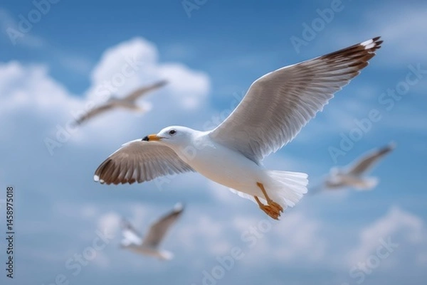 Fototapeta Seagull in Flight with Clouds