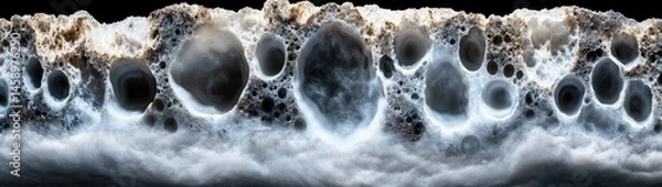 Fototapeta Abstract texture of a porous,  sculptural,  mineral-like formation.  Complex  patterns of  dark and light areas, with  a network of  irregular  cavities and  holes