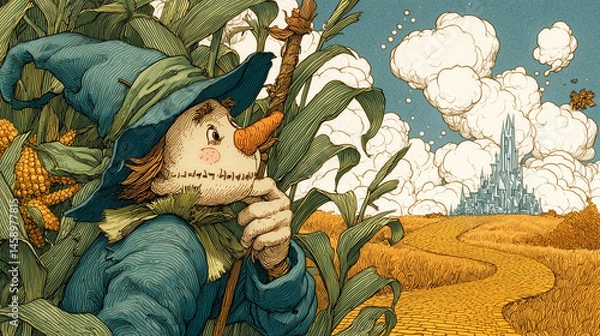 Obraz Scarecrow Watching the Emerald City Through Cornfields