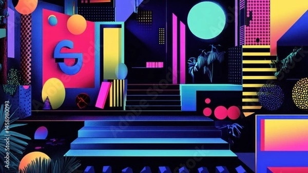 Fototapeta A Memphis aesthetic digital artwork with neon accents, geometric figures, and 80s-style typography --ar 16:9 --v 6.1 Job ID: 755b7056-7972-45b2-883c-68b52b99cae9