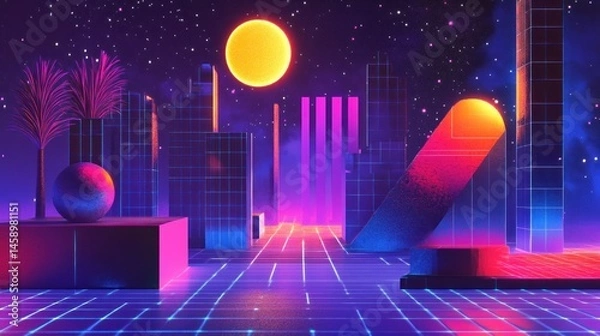 Fototapeta A Memphis aesthetic digital artwork with neon accents, geometric figures, and 80s-style typography --ar 16:9 --v 6.1 Job ID: 755b7056-7972-45b2-883c-68b52b99cae9