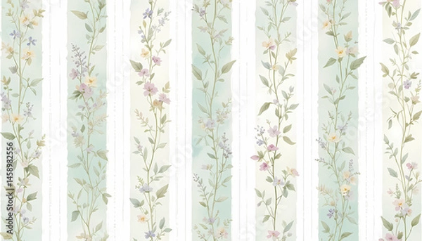 Fototapeta Elegant floral stripe pattern with watercolor flowers and delicate leaves, creating a sophisticated and fresh design.