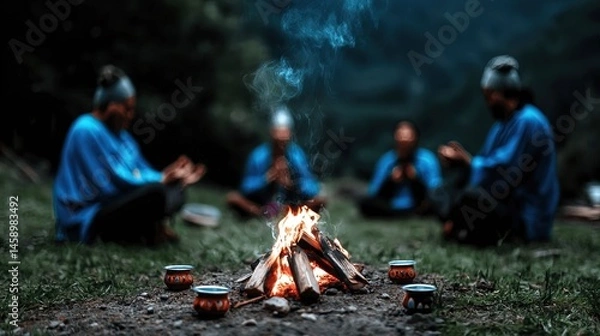 Fototapeta A group of people gathered around a campfire in the forest.