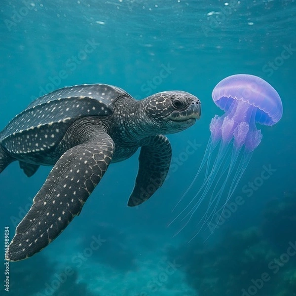 Obraz Leatherback turtle swimming towards jellyfish