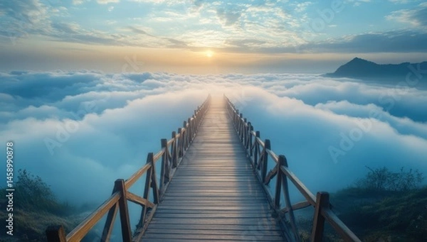 Obraz Wooden path through clouds to sunrise