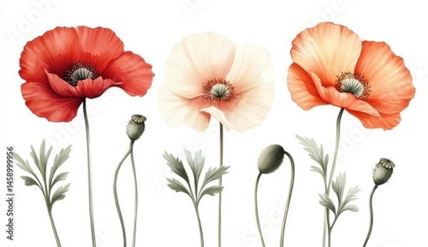 Obraz Watercolor Red and Peach Poppies on White Background