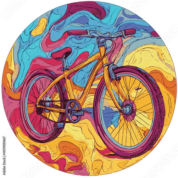 Fototapeta Stylized Bicycle Illustration In A Circle With Colorful Abstract Background
