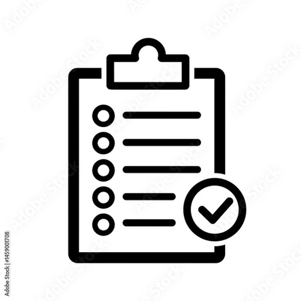 Fototapeta A simple black icon of a clipboard with a checklist (circles and lines) and a check mark in a circle at the bottom. Represents tasks, to-do lists, and completion.