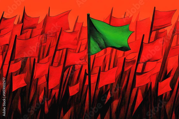 Fototapeta Green flag illustration with red flags in the background.