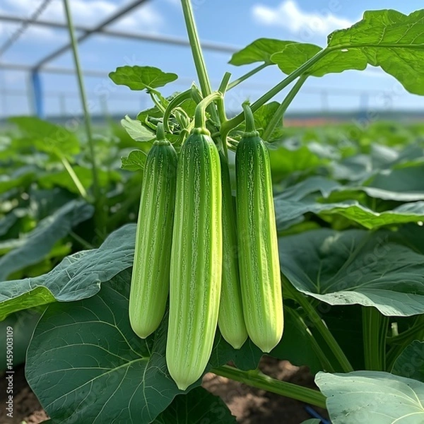 Obraz Fresh cucumbers hanging from vine in greenhouse