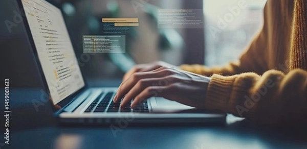 Fototapeta Person typing on laptop with code displayed