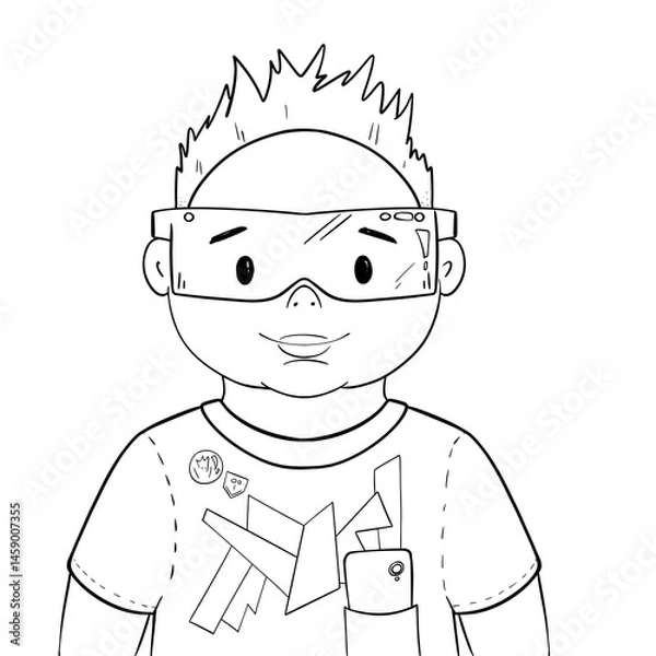 Obraz Cartoon Boy in VR-Glasses, Modern Style. Black and White Line illustration without filling