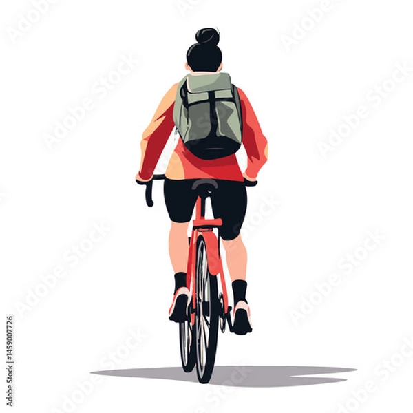 Fototapeta Back View Of A Cyclist With Backpack Riding A Red Bike Isolated