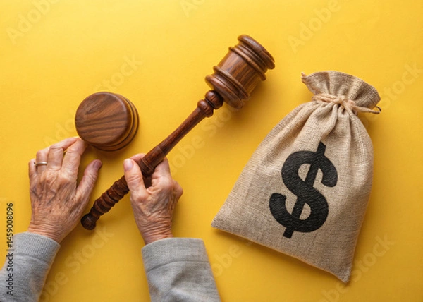 Fototapeta Money bag and judge's hammer. Penalty for a crime and offense. Financial punishment. Violations of traffic laws. Fraud. Fine, penalization, mulct. Gavel