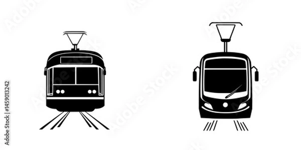 Fototapeta Flat black icons representing public transportation vehicles on tracks showing front views and simplified designs