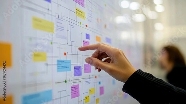 Fototapeta Visualizing strategy: A hand interacts with a task management board in progress