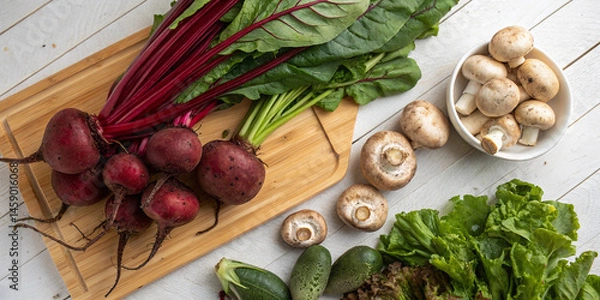 Fototapeta Overhead image of fresh produce, including beetroot and mushrooms