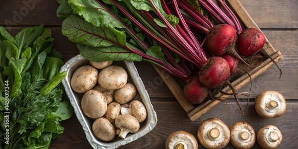 Fototapeta Overhead image of fresh produce, including beetroot and mushrooms