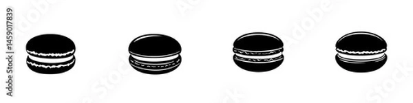 Fototapeta Stylized flat black icon collection of macarons arranged in a row showcasing different shapes and sizes for graphic design use