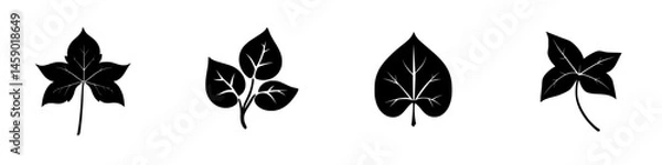 Fototapeta Collection of flat black leaf icons showcasing diverse shapes and designs for nature-themed projects