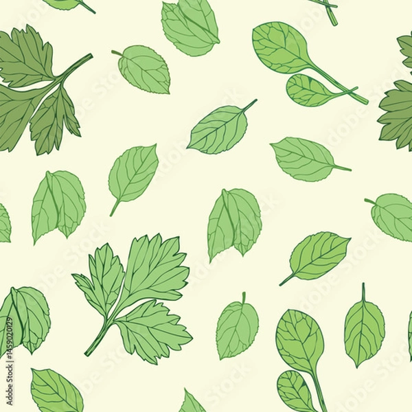 Fototapeta Vector seamless pattern for your spring and summer projects. Leaves in graphic style in green tones on light yellow background are suitable for printing and will attract attention to your project.