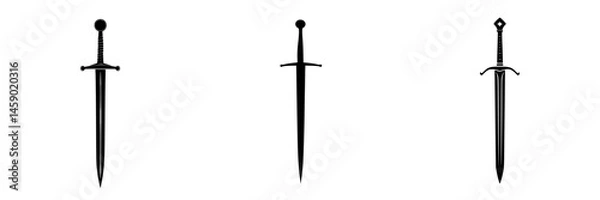 Fototapeta Simple flat black icons of various sword designs representing different styles and historical periods for graphic use and creative projects