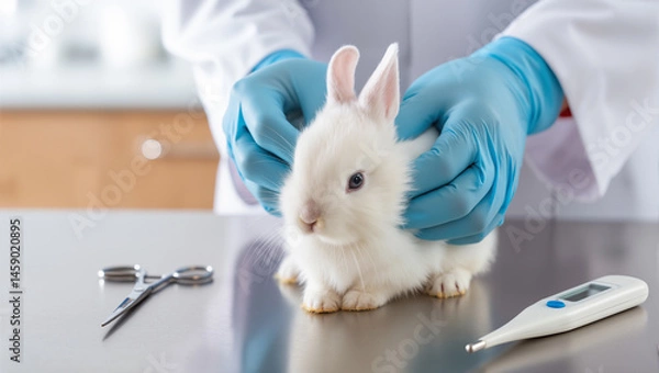 Fototapeta Veterinarian Examining White Rabbit During Medical Checkup With Gloves Stethoscope And Thermometer In Clinic Laboratory Environment