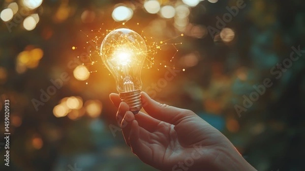 Obraz Illuminating Idea: A hand tenderly holds a radiant light bulb, a symbol of innovation and inspiration, against a blurred background of warm, natural bokeh, a powerful message about imagination.