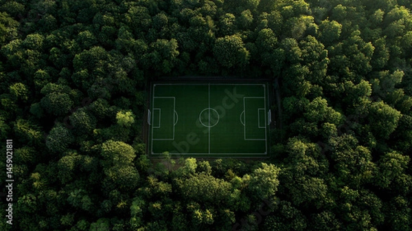 Fototapeta Serene Football Pitch Nestled in a Lush Forest Clearing Surrounded by Tall Trees and Nature