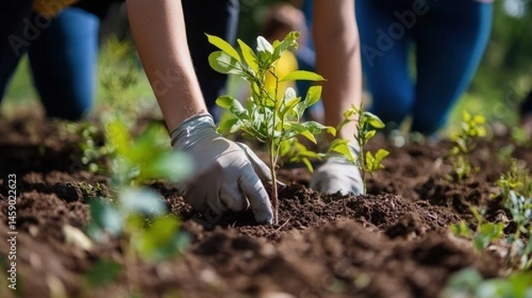 Obraz Nurturing Roots: Hands carefully planting a seedling in rich soil, symbolizing new life and environmental stewardship.