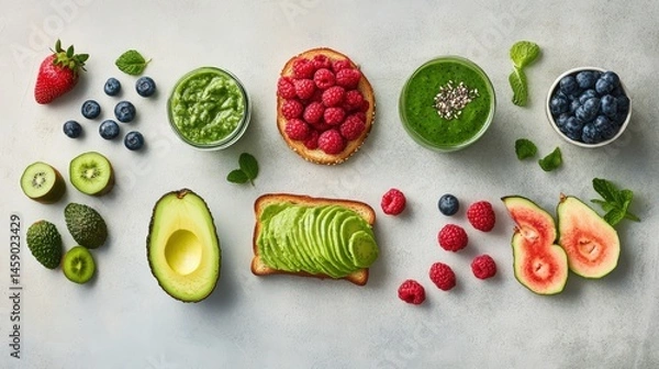 Obraz Vibrant Harmony of Nourishment: A flat lay panorama of a colorful and inviting food composition featuring fresh berries, sliced avocado, healthy toast, and green smoothies.