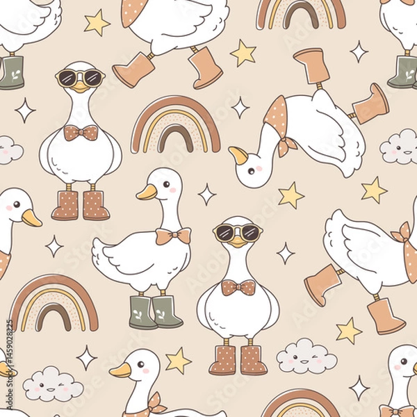 Fototapeta Boho Silly Goose Seamless Pattern Isolated on Natural Color Background Vector