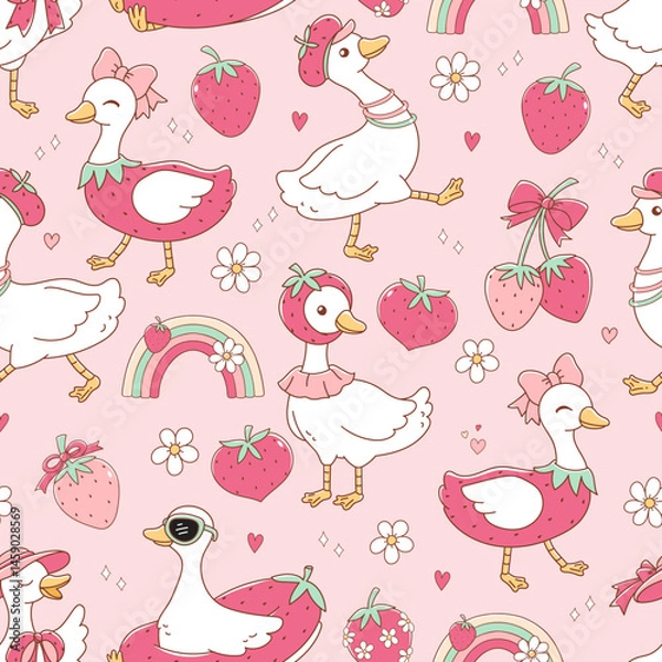 Fototapeta Strawberry Silly Goose Seamless Pattern Isolated on Pink Background Vector