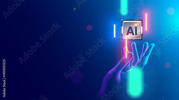 Fototapeta AI electronic chip or CPU. Processor with cores over above the engineer hand. A modern microchip with a 3nm process technology. Futuristic computer chip for neural networks. Developments hardware.