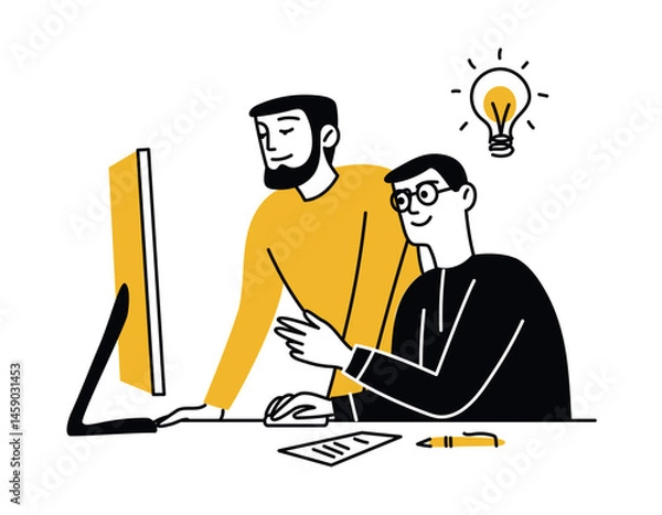 Fototapeta Two men using laptop, working on project. Concept of idea implementation. Digital technologies. Vector isolated doodle illustration, simple style, outline