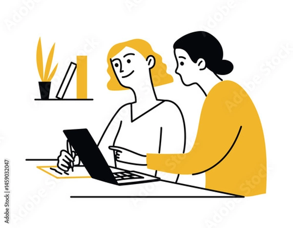 Fototapeta Two women using laptop, working on project. Digital technology. Vector isolated doodle illustration, simple style, line art, outline