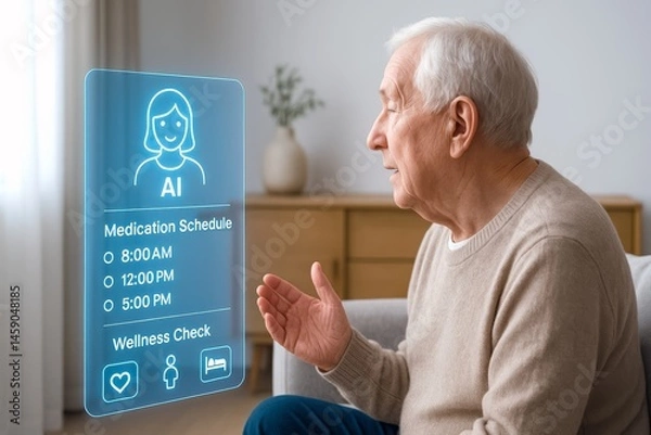 Fototapeta AI Elder Care. An elderly man speaking to a virtual assistant displaying his medication and wellness schedule.