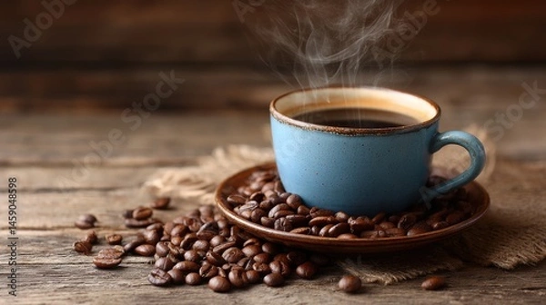 Fototapeta A 4K photo of steaming Cup of Freshly Brewed Coffee Presented with Roasted Beans on a Rustic Wooden Tabletop.