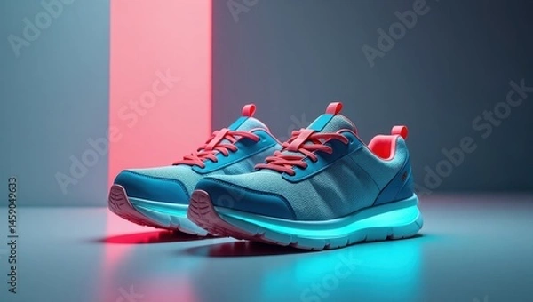Fototapeta Waterproof Sneakers. Futuristic Footwear. Abstract futuristic concept. Sleek blue and pink sneakers stand out in modern, high-tech world on sleek grey background.