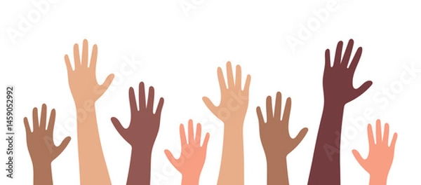 Obraz Multi-ethnic and diverse hands raised up. Vector illustration of unity, inclusion, support, and equality. Colorful hands isolated on white background. Perfect for social concepts.