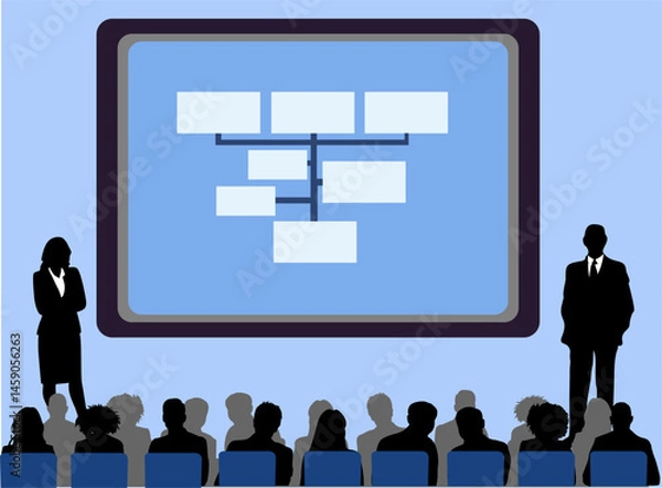 Fototapeta Silhouettes of Business People Group at Conference Meeting sitting in front of a Monitor with Infographic. Monochrome Vector Illustration isolated on blue background.