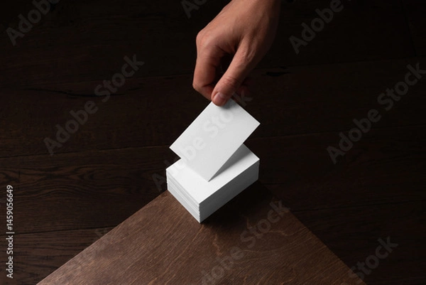 Fototapeta A person holding business card stack mockup placed on a wooden table in a dark cozy room with wooden floor. Isolated blank surface to place your design.